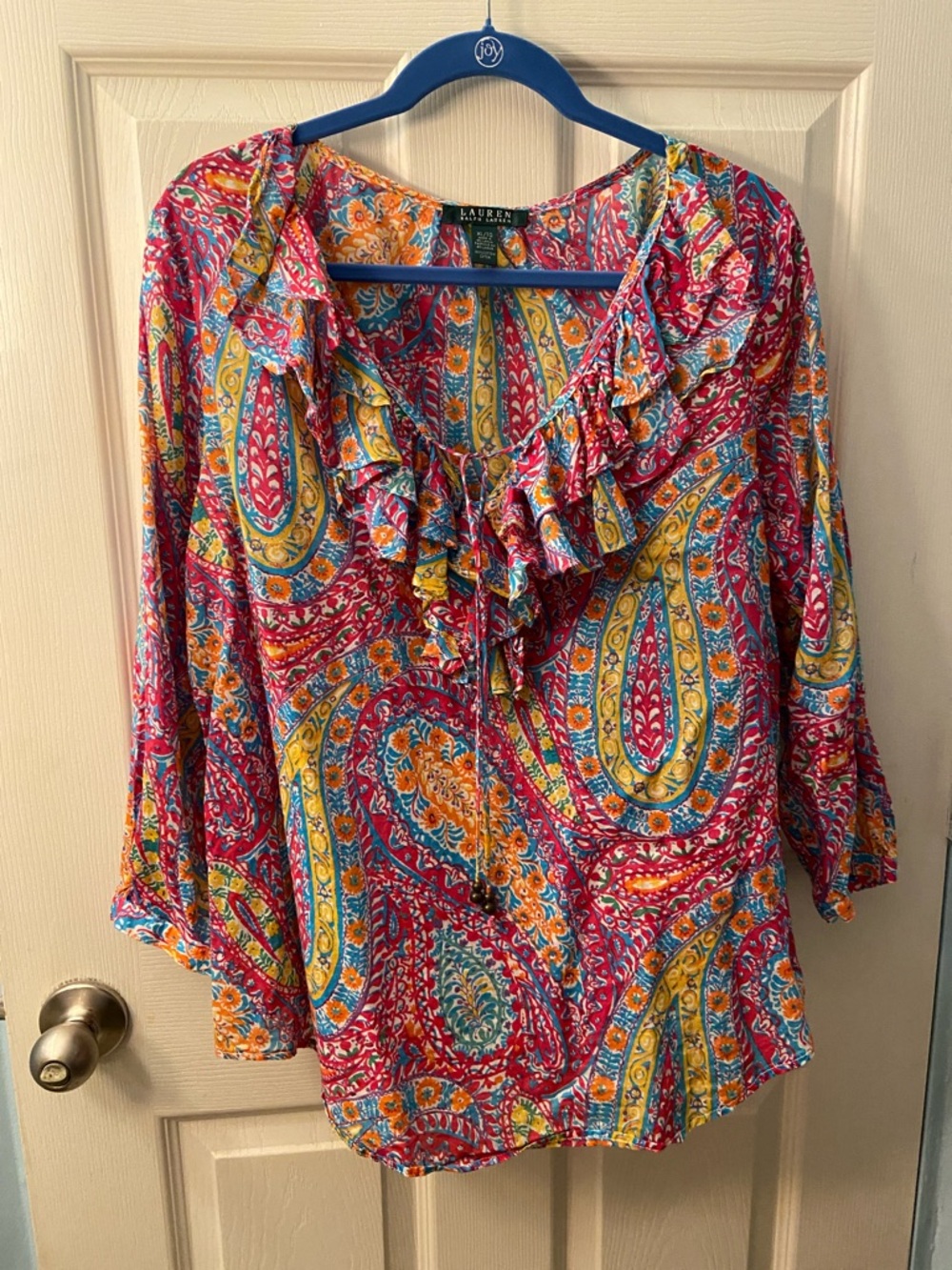 Lauren Ralph Lauren Pink Paisley Ruffle-Tie Blouse with Yellow & Blue Accents